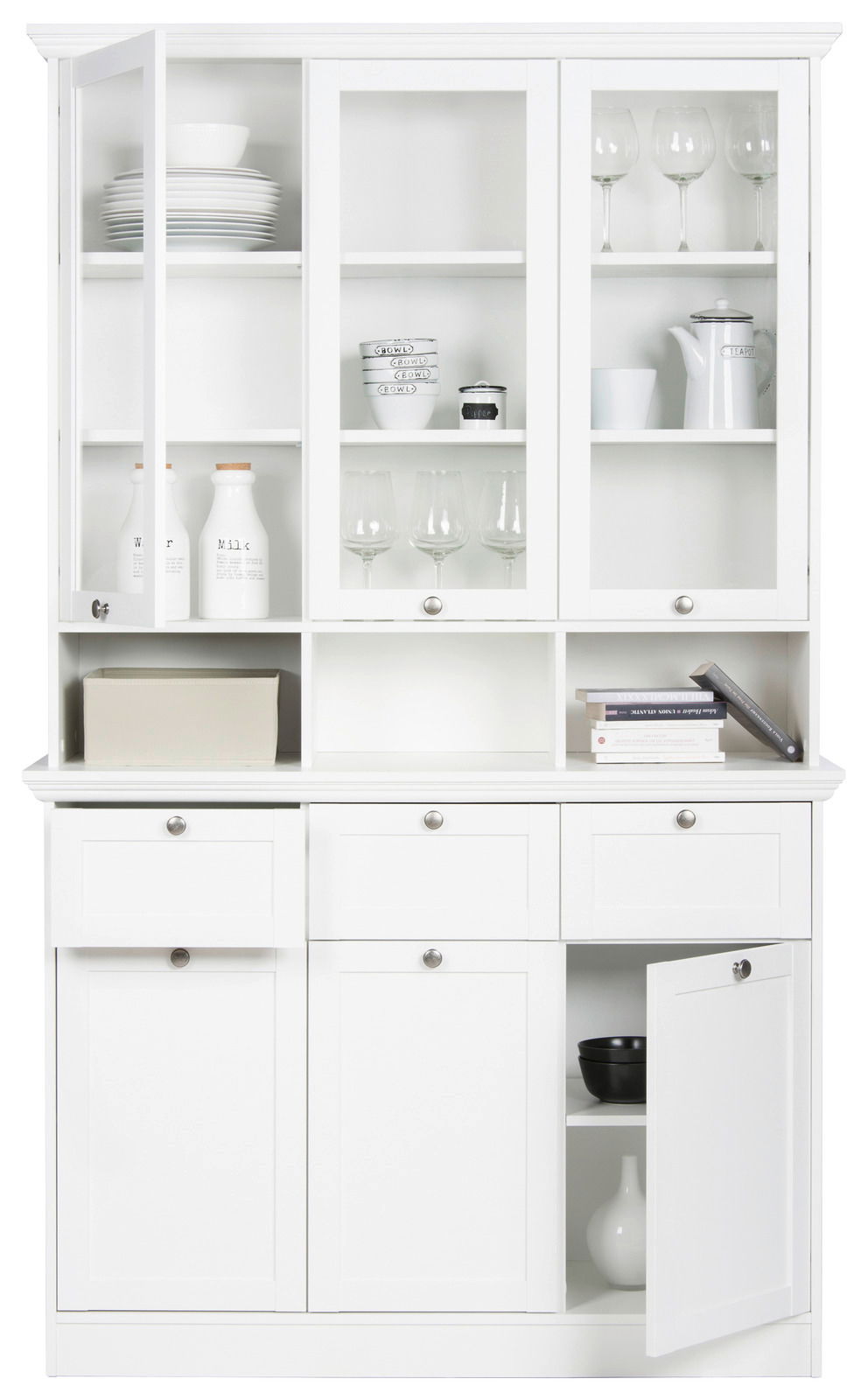 Weißes Buffet mit Glastüren, Schubladen und offenen Regalen, frontal fotografiert.