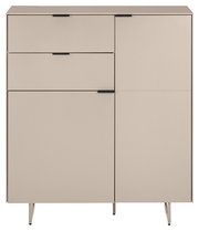 Modernes Sideboard in Beige mit drei Schubladen links und einer Schranktür rechts, schwarze Griffleisten und schlanke Metallfüße, Frontalansicht