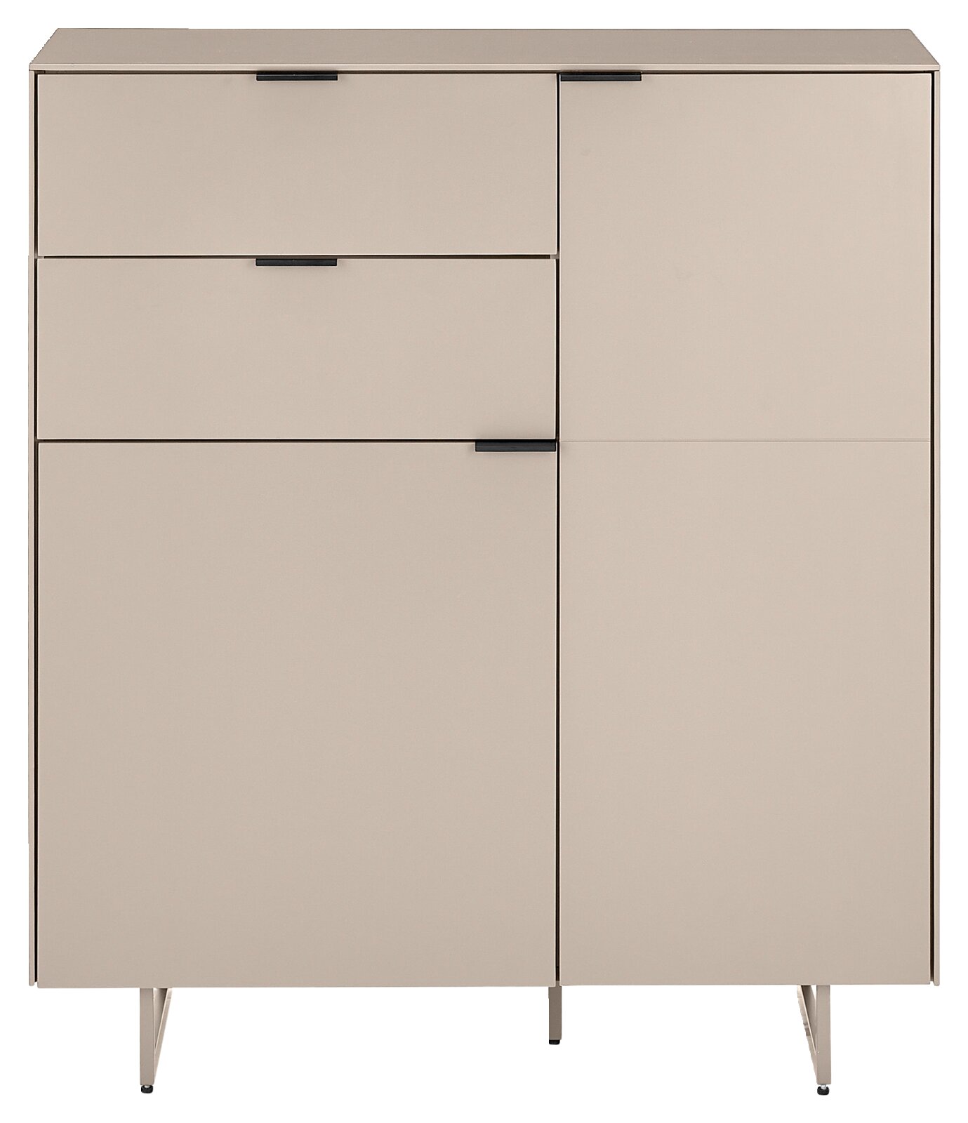 Modernes Sideboard in Beige mit drei Schubladen links und einer Schranktür rechts, schwarze Griffleisten und schlanke Metallfüße, Frontalansicht