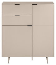 Modernes Sideboard in Beige mit drei Schubladen links und einer Schranktür rechts, schwarze Griffleisten und schlanke Metallfüße, Frontalansicht