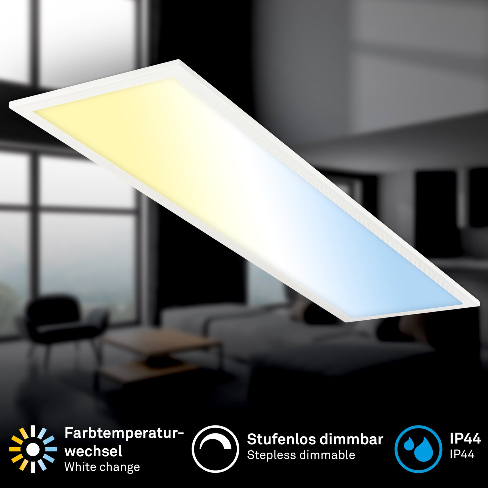 Rechthoekig LED plafondpaneel met witte rand en instelbare witlichtkleur, traploos dimbaar en IP44, schuin van onderen in perspectief weergegeven tegen een onscherpe interieurachtergrond