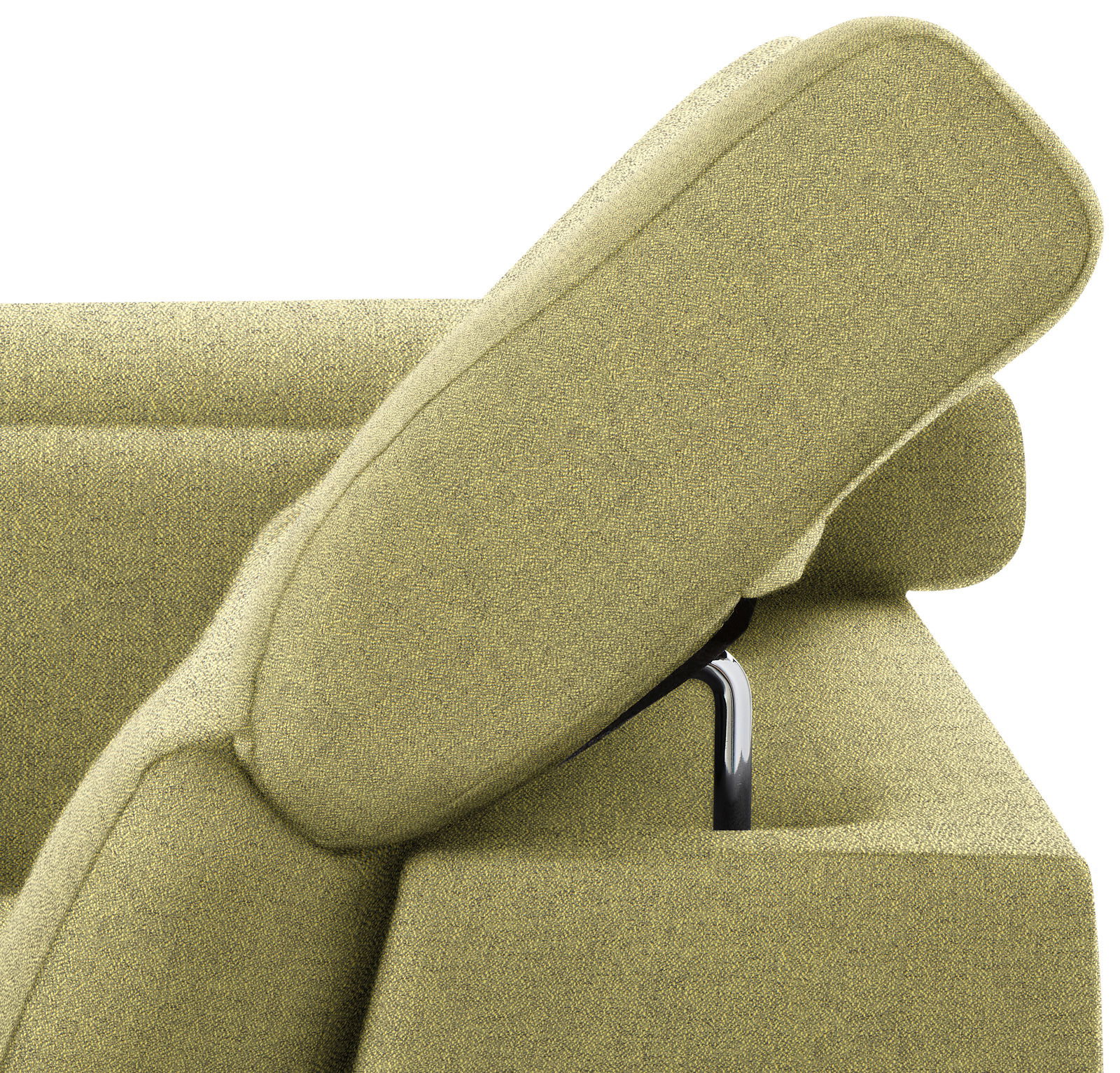 Grünes Sofa mit verstellbarer Kopfstütze, seitliche Perspektive