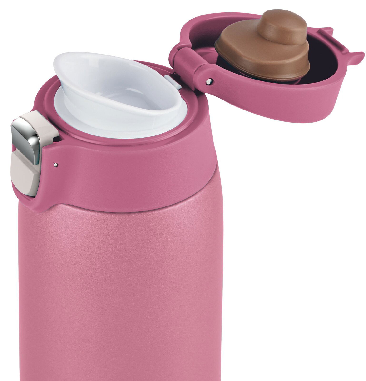 Rosa Thermobecher mit geöffnetem Deckel, seitliche Perspektive