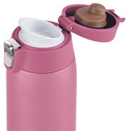 Rosa Thermobecher mit geöffnetem Deckel, seitliche Perspektive