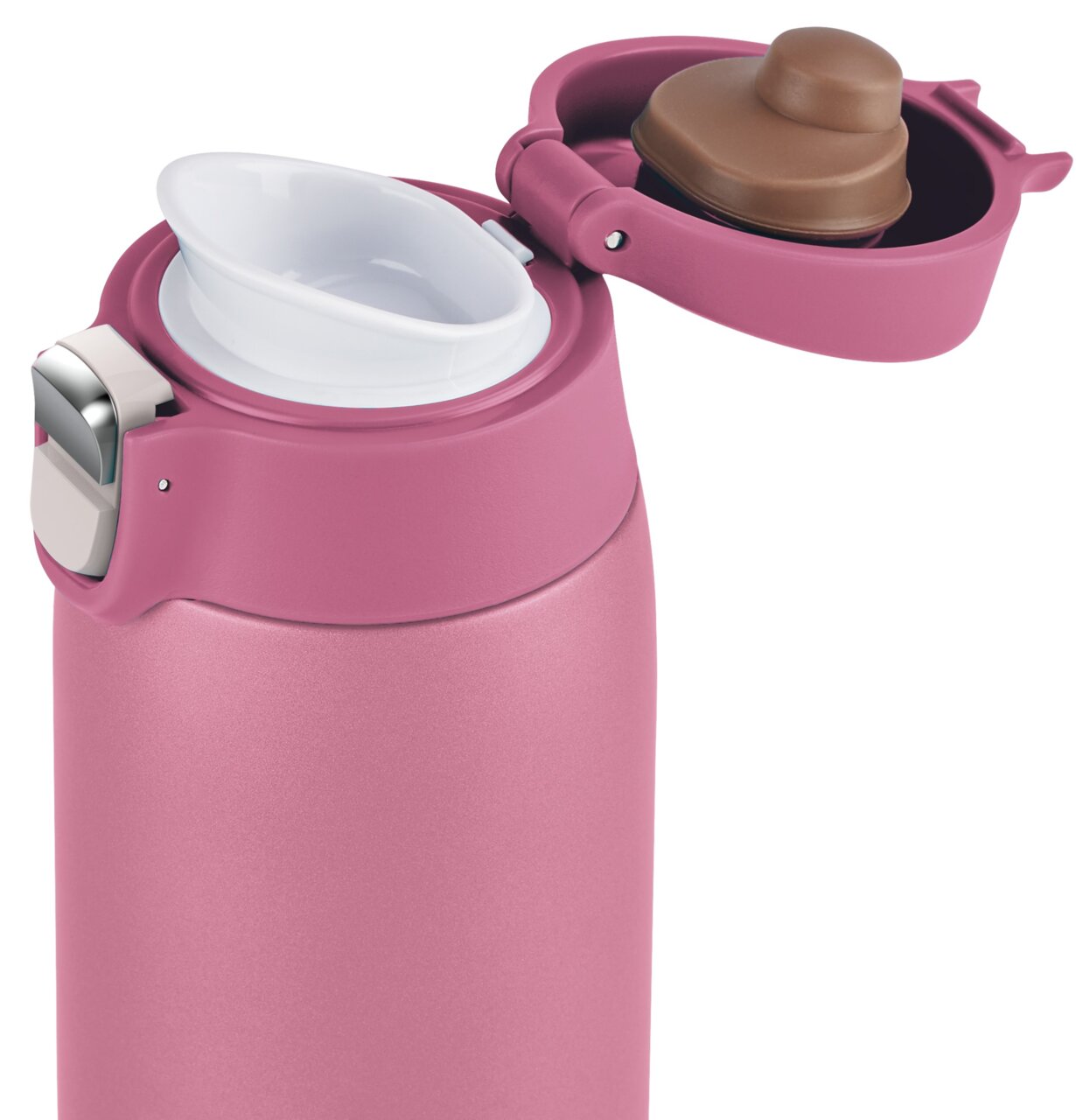 Roze thermosbeker met geopend deksel, zijaanzicht