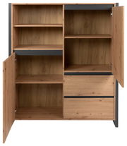 Highboard aus Holz mit offenen Türen und Schubladen, Frontalansicht