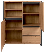 Highboard aus Holz mit offenen Türen und Schubladen, Frontalansicht