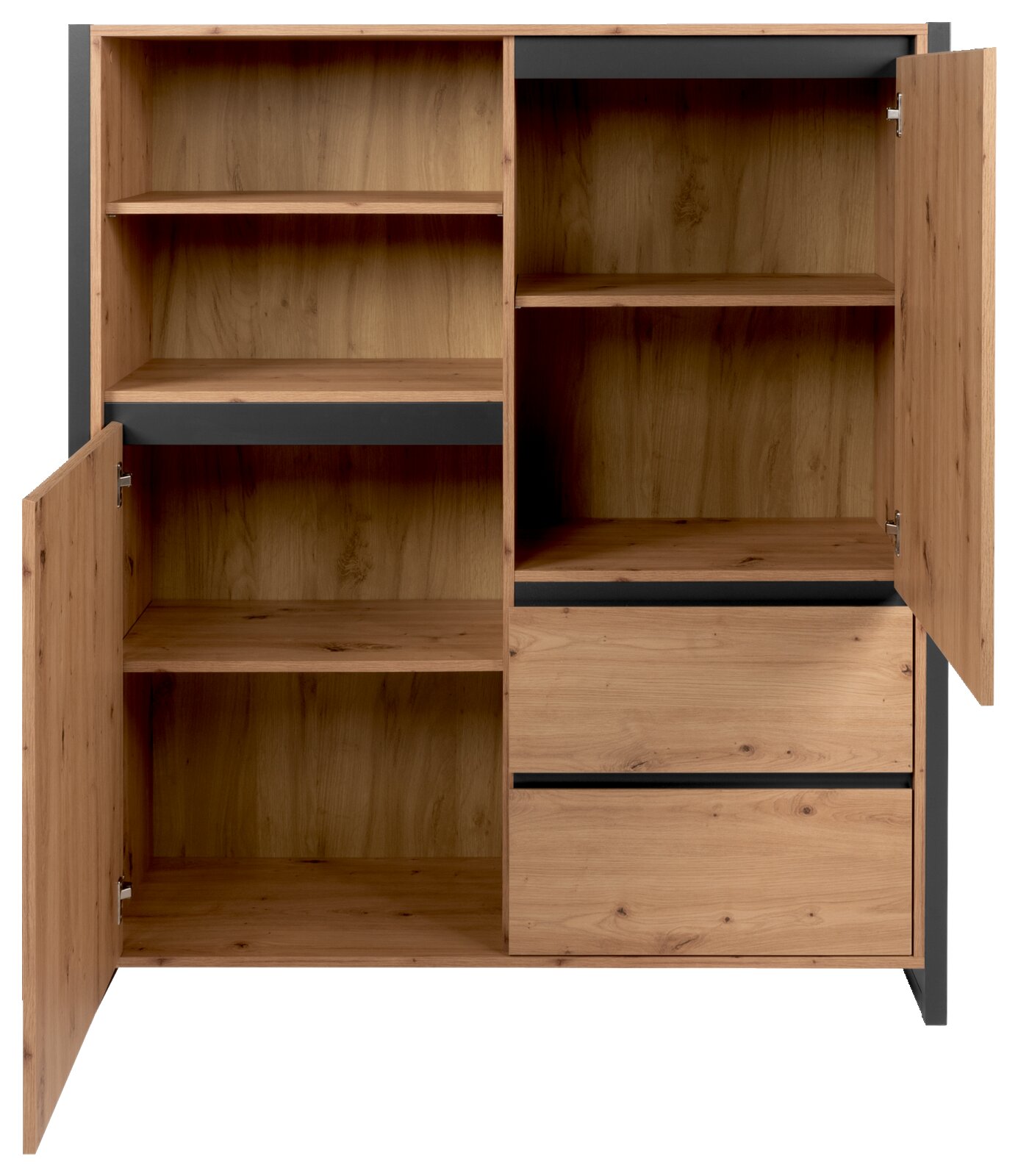 Z2 Hoog dressoir DENVER Hoge kast van hout met open deuren en lades, vooraanzicht