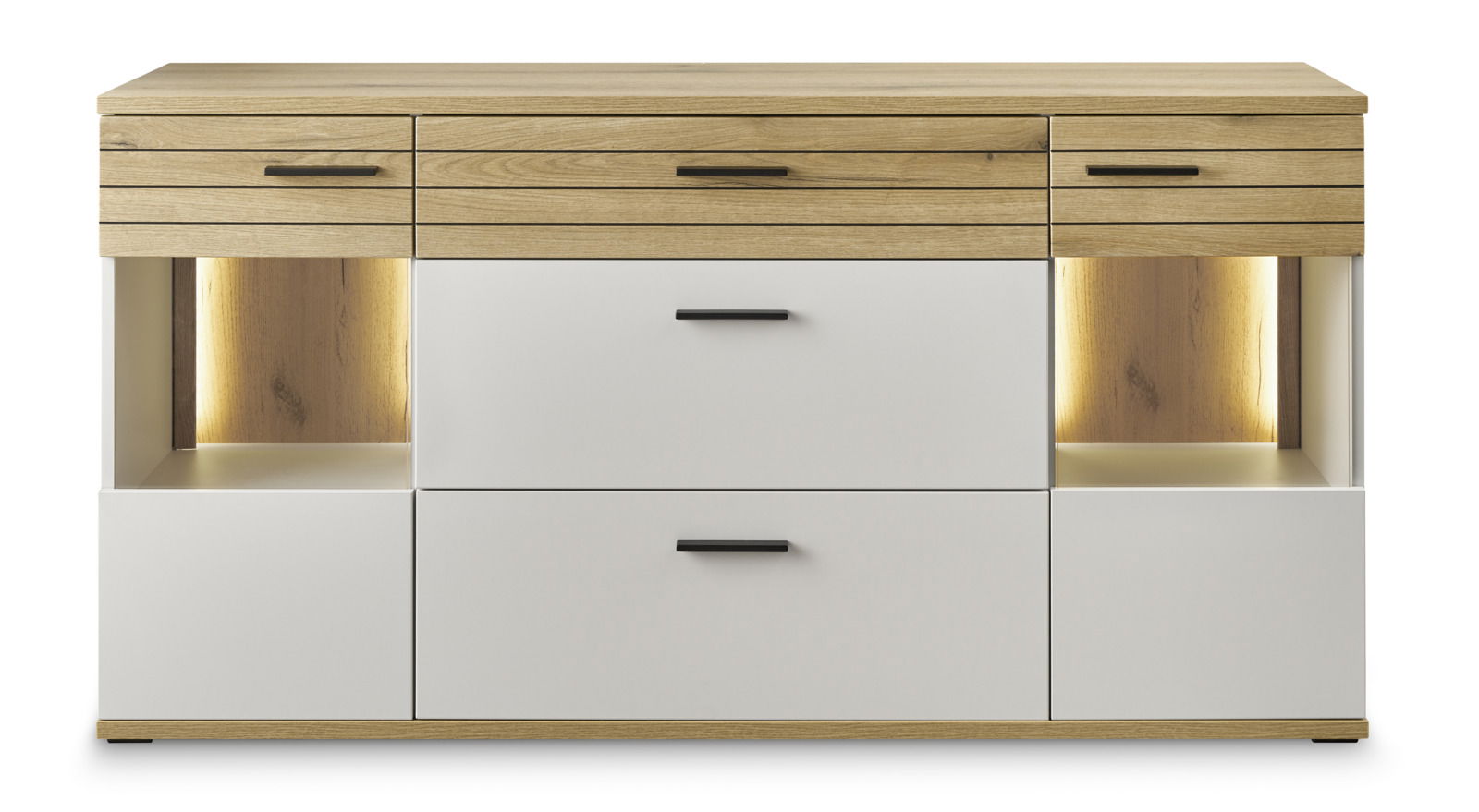 Modernes Sideboard mit Holz- und Weißtönen, zwei Schubladen und offenen Fächern mit Beleuchtung, Frontalansicht