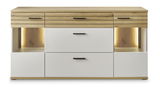 Modernes Sideboard mit Holz- und Weißtönen, zwei Schubladen und offenen Fächern mit Beleuchtung, Frontalansicht