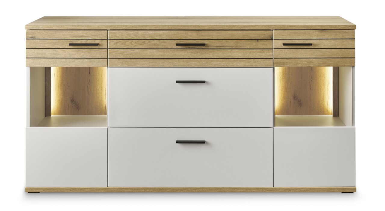 Modernes Sideboard mit Holz- und Weißtönen, zwei Schubladen und offenen Fächern mit Beleuchtung, Frontalansicht