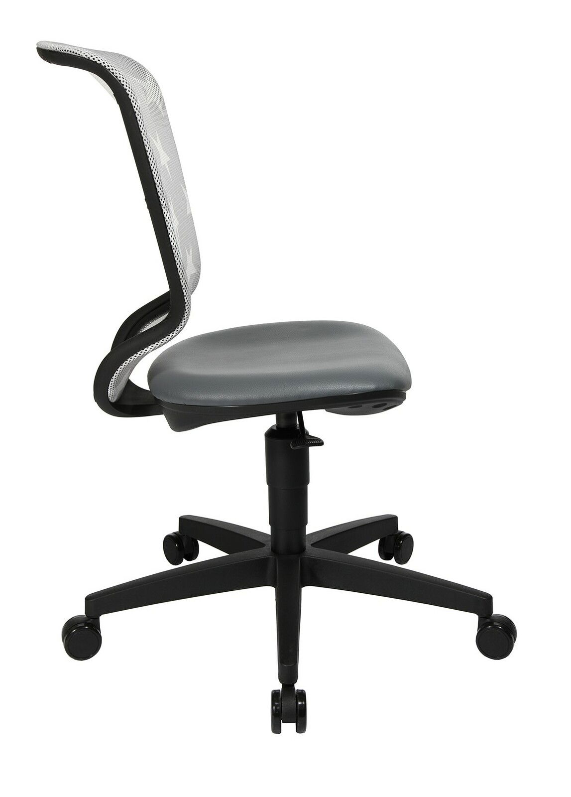 Moderner Drehstuhl mit grauem Sitz und Netzrückenlehne, seitliche Ansicht