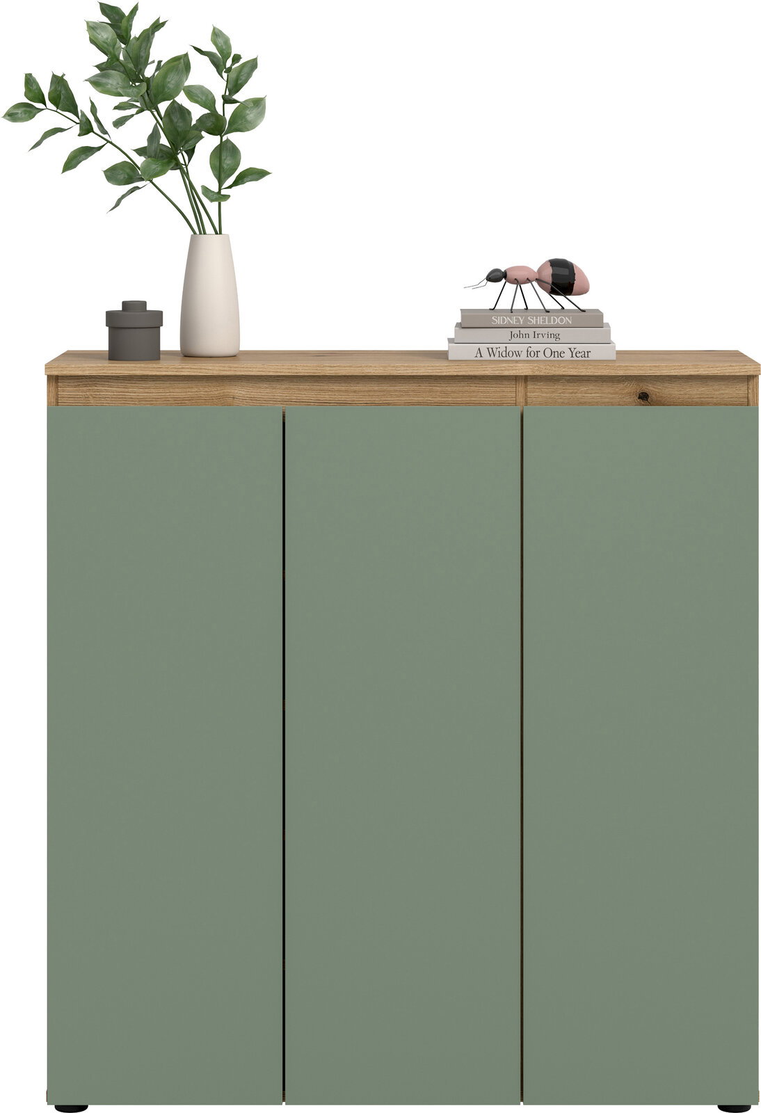 Modernes Sideboard mit drei mattgrünen Türen und Holzplatte, dekoriert mit Vase und Büchern, frontale Ansicht.