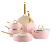 Sechsteiliges Topfset in Rosa mit goldenen Griffen, bestehend aus Töpfen und Pfannen, aus einer frontalen Perspektive fotografiert.