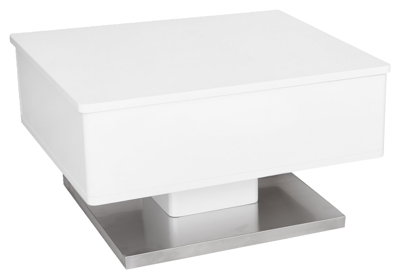 Moderner weißer Couchtisch mit quadratischer Form und Metallbasis, seitliche Perspektive