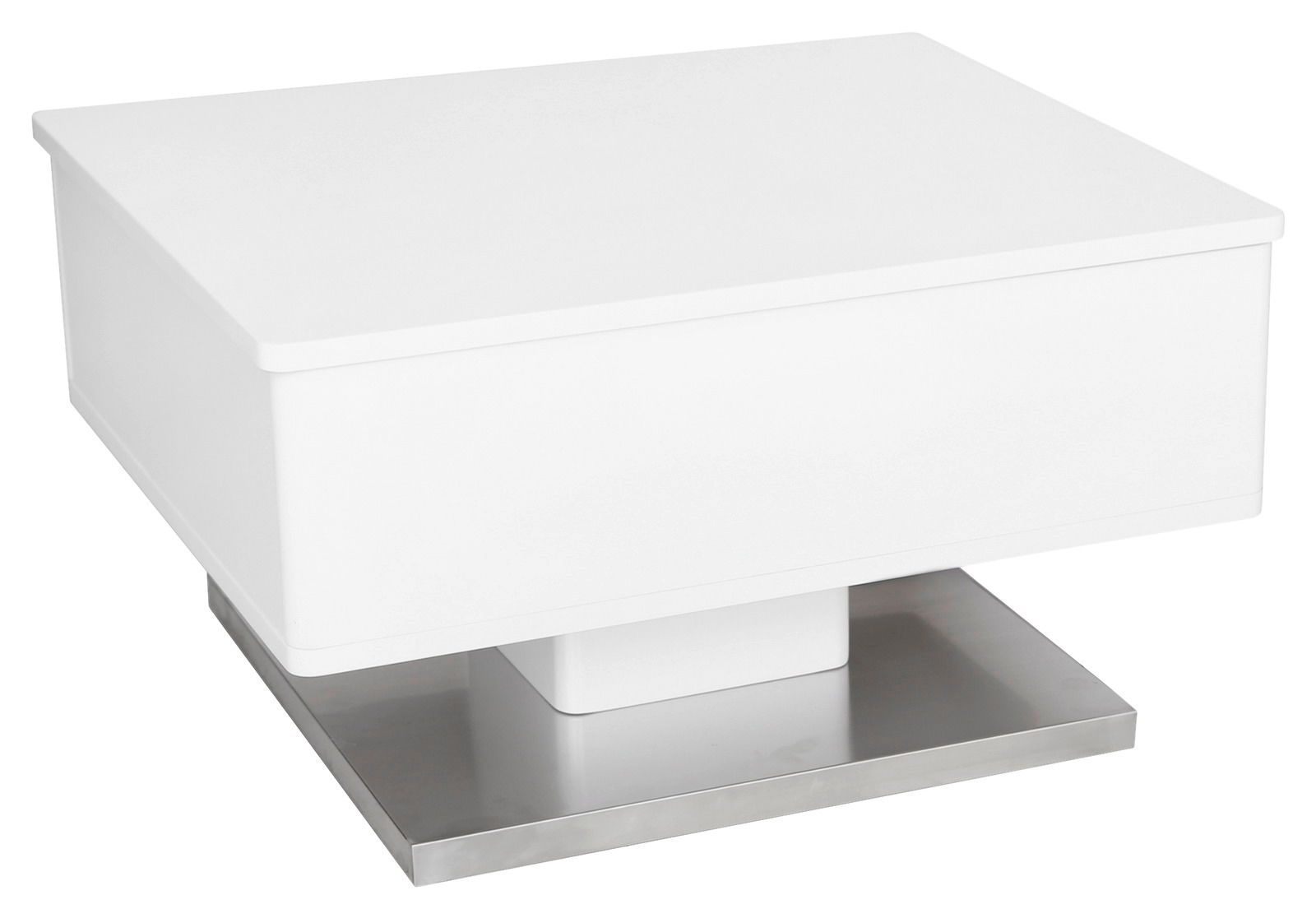 Moderner weißer Couchtisch mit quadratischer Form und Metallbasis, seitliche Perspektive