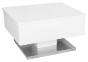 Moderner weißer Couchtisch mit quadratischer Form und Metallbasis, seitliche Perspektive
