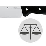 Nahaufnahme eines Messers aus der CLASSIC LINE mit schwarzem Griff und Edelstahlklinge, seitliche Perspektive.