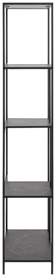 Schwarzes Metallregal mit fünf Ebenen, frontale Ansicht