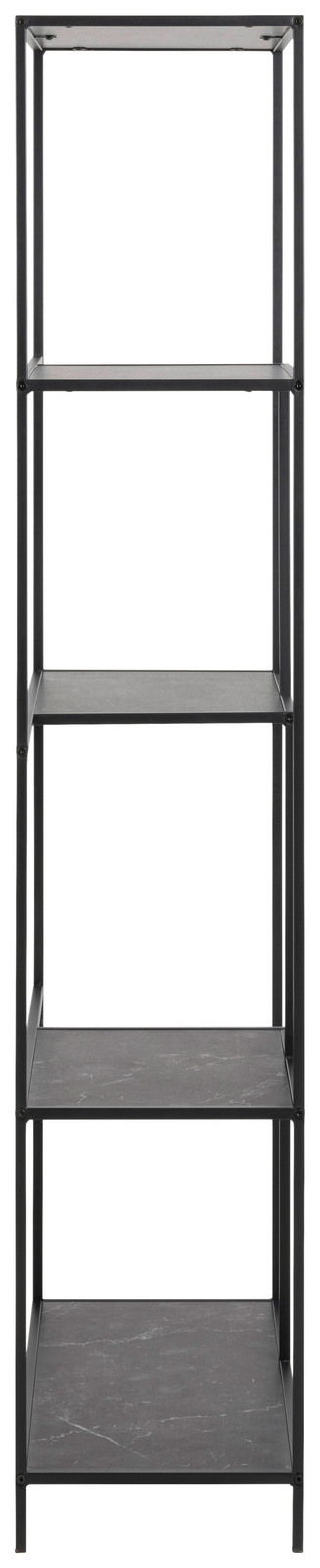 Schwarzes Metallregal mit fünf Ebenen, frontale Ansicht