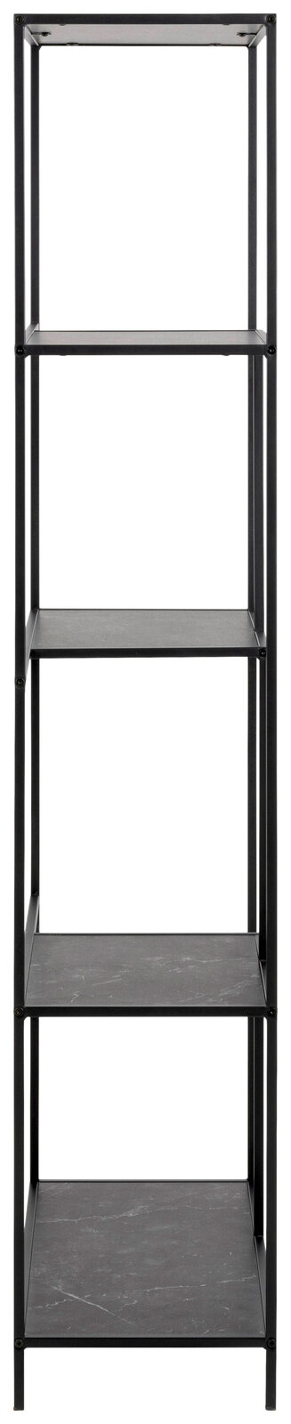 Schwarzes Metallregal mit fünf Ebenen, frontale Ansicht