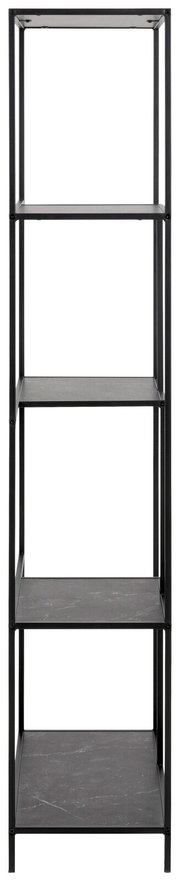 Schwarzes Metallregal mit fünf Ebenen, frontale Ansicht