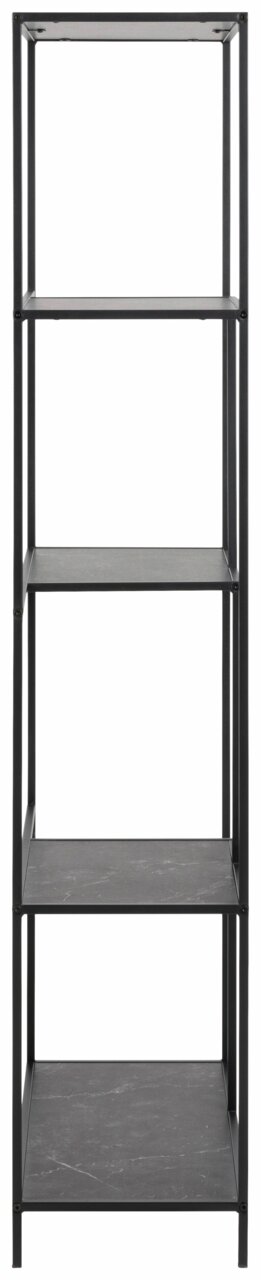 Schwarzes Metallregal mit fünf Ebenen, frontale Ansicht