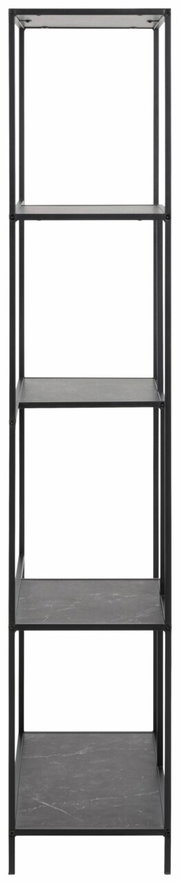 Schwarzes Metallregal mit fünf Ebenen, frontale Ansicht
