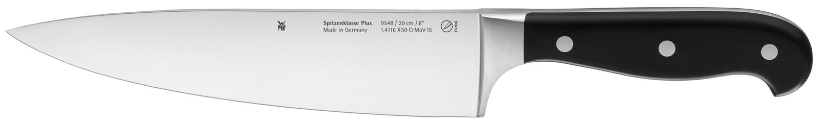 Küchenmesser mit schwarzem Griff und Edelstahlklinge, Seitenansicht