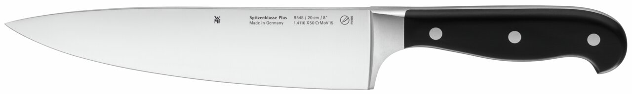 Küchenmesser mit schwarzem Griff und Edelstahlklinge, Seitenansicht