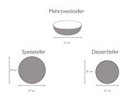 Grafische Darstellung von Geschirrgrößen: Mehrzweckteller 22 cm in Seitenansicht, Speiseteller 27 cm in Draufsicht und Dessertteller 21 cm in Draufsicht