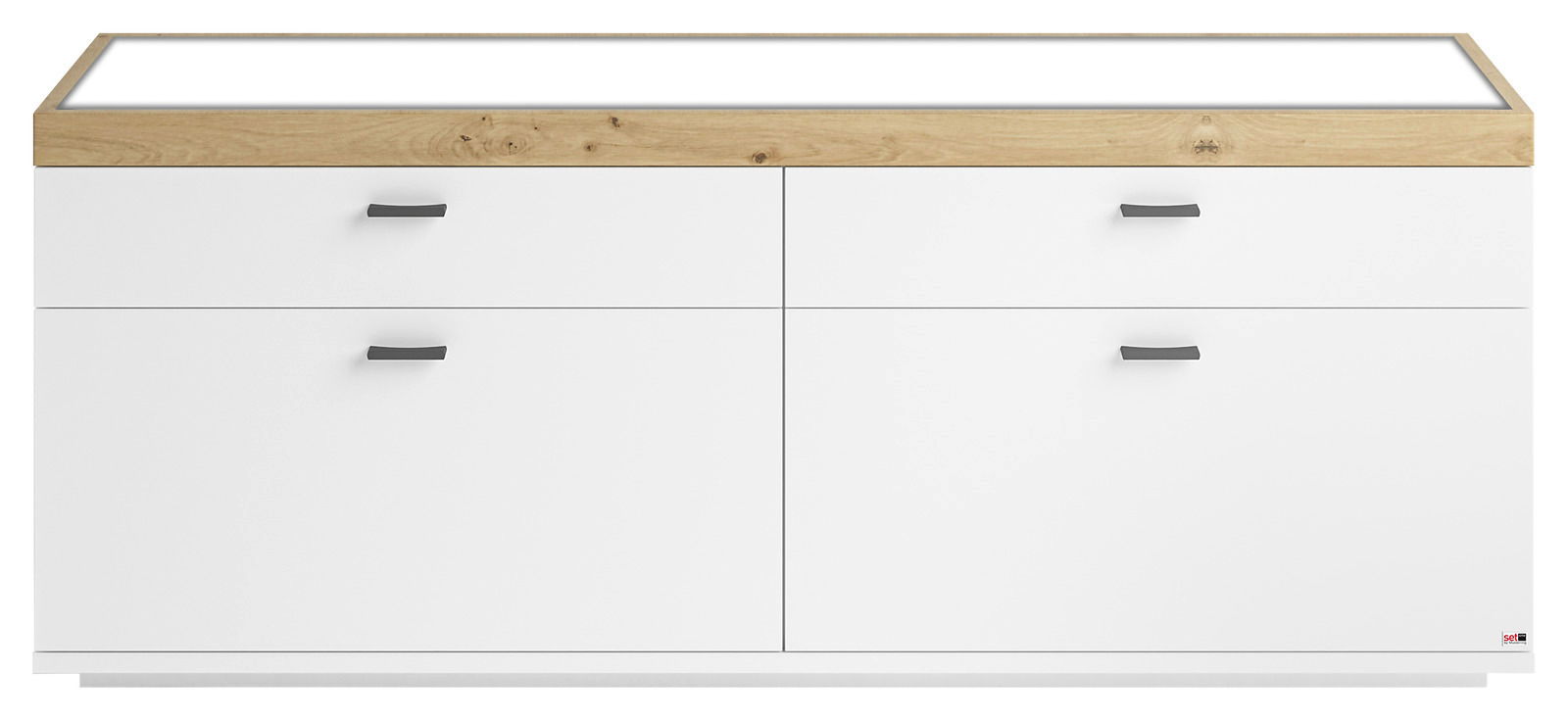 Frontansicht eines modernen TV-Lowboards mit weißem Korpus und Holzoberfläche, ausgestattet mit vier Schubladen und schwarzen Griffen.