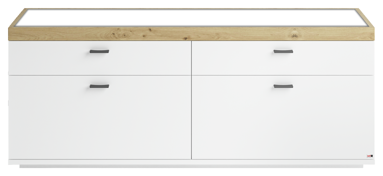 Frontansicht eines modernen TV-Lowboards mit weißem Korpus und Holzoberfläche, ausgestattet mit vier Schubladen und schwarzen Griffen.