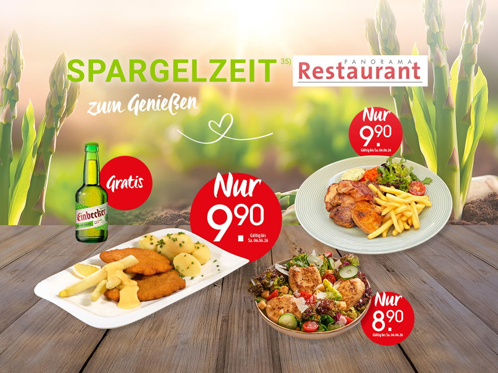 Spargelgerichte mit Schnitzel, Salat oder Grillteller – dazu gratis Bier im Panorama Restaurant.