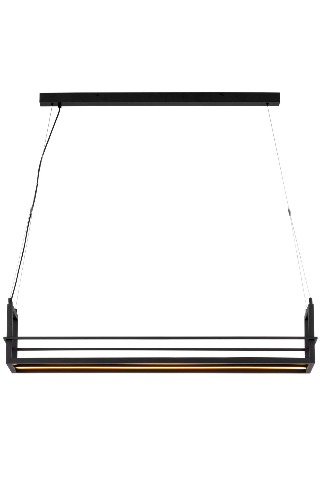 Moderne LED-Hängeleuchte in rechteckiger Form, schwarze Metallstruktur, seitliche Perspektive