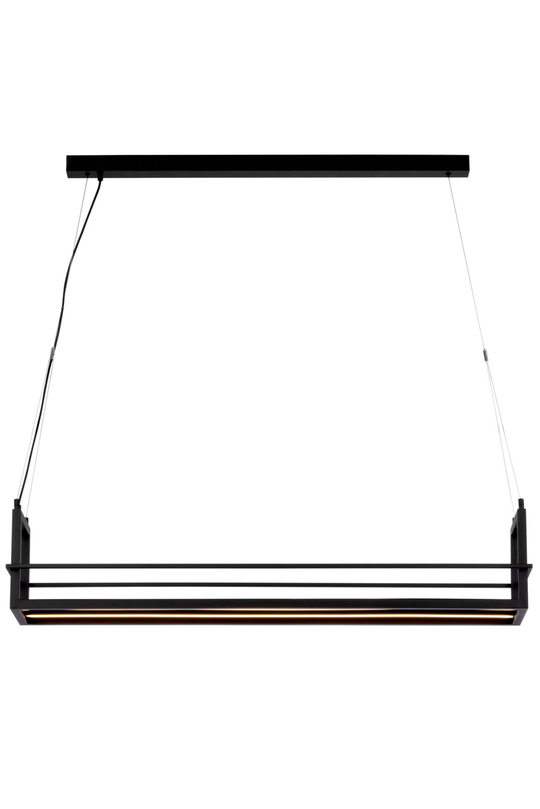 Moderne LED-hanglamp in rechthoekige vorm, met een zwart metalen frame, zijaanzicht