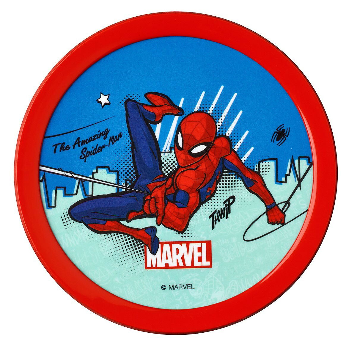 Runde, rote Brotdose mit Spiderman-Motiv, zeigt Spiderman in Aktion vor einer stilisierten Stadtlandschaft, aus der Vogelperspektive.