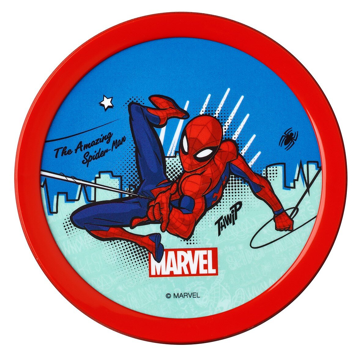 Ronde, rode broodtrommel met Spiderman-motief, waarop Spiderman in actie te zien is tegen een gestileerd stadslandschap, vanuit vogelperspectief.