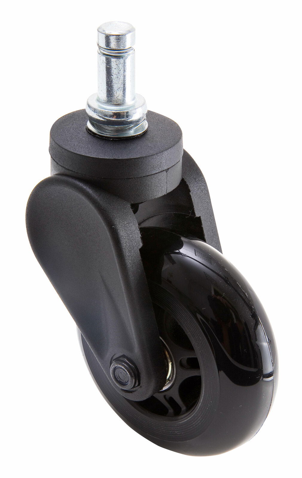 Nahaufnahme einer schwarzen Hartbodenrolle mit Metallstift, seitliche Perspektive