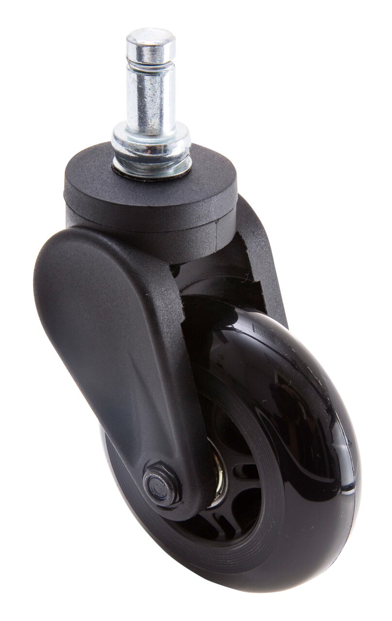 Nahaufnahme einer schwarzen Hartbodenrolle mit Metallstift, seitliche Perspektive