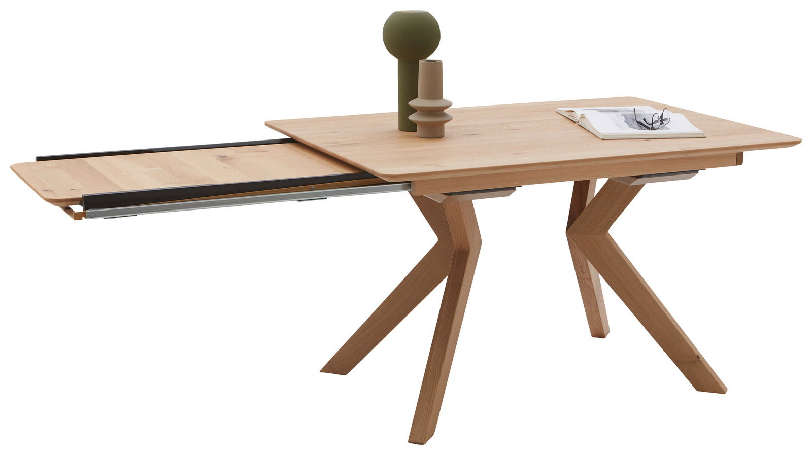 Moderner Esstisch aus Holz mit ausziehbarer Platte, seitliche Perspektive