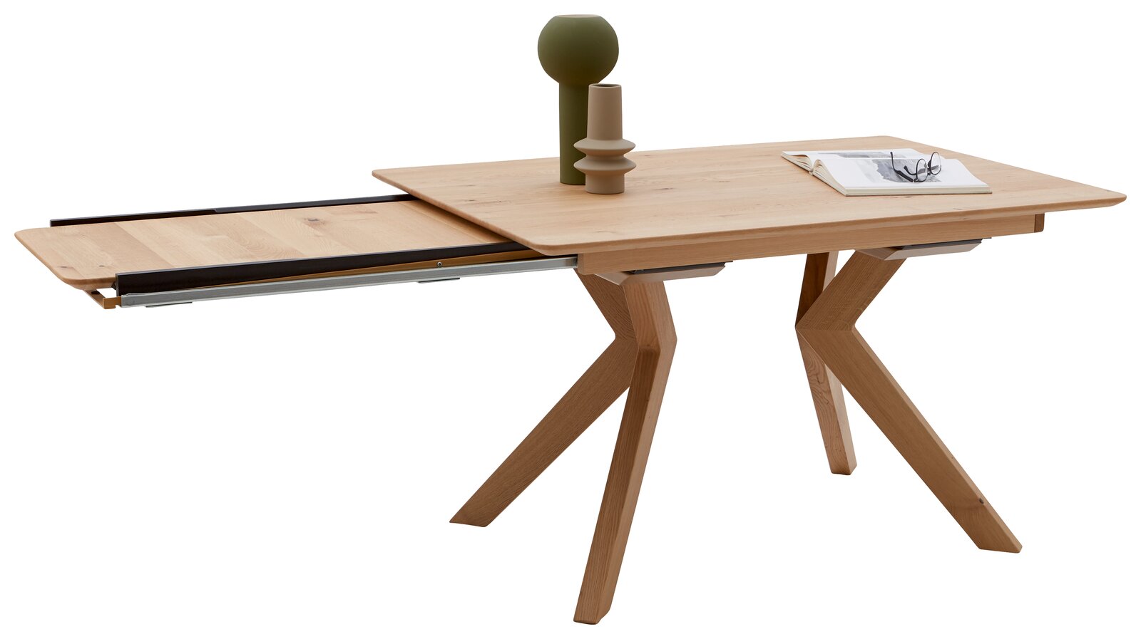 Moderner Esstisch aus Holz mit ausziehbarer Platte, seitliche Perspektive