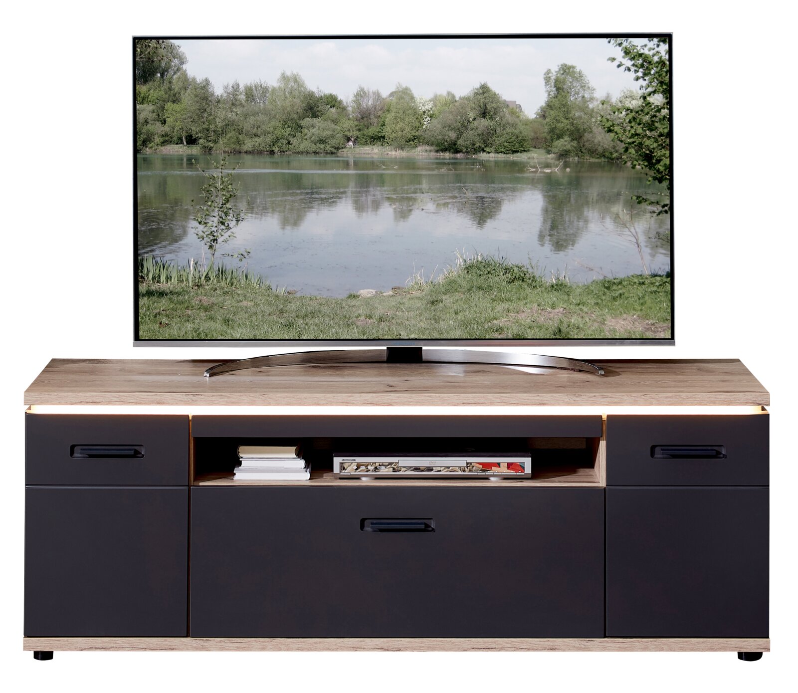Stylife Lowboard SINA Modernes TV-Lowboard in Holzoptik mit anthrazitfarbenen Fronten, drei Schubladen und offenem Fach mit LED-Beleuchtung, frontal aus Augenhöhe fotografiert