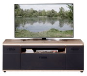 Modernes TV-Lowboard in Holzoptik mit anthrazitfarbenen Fronten, drei Schubladen und offenem Fach mit LED-Beleuchtung, frontal aus Augenhöhe fotografiert