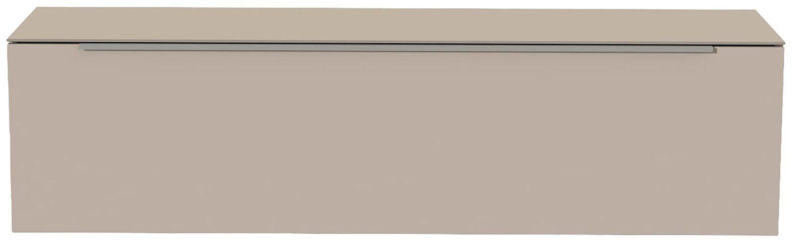 Frontansicht eines modernen, hängenden Lowboards in neutralem Beige mit schlichtem Design.