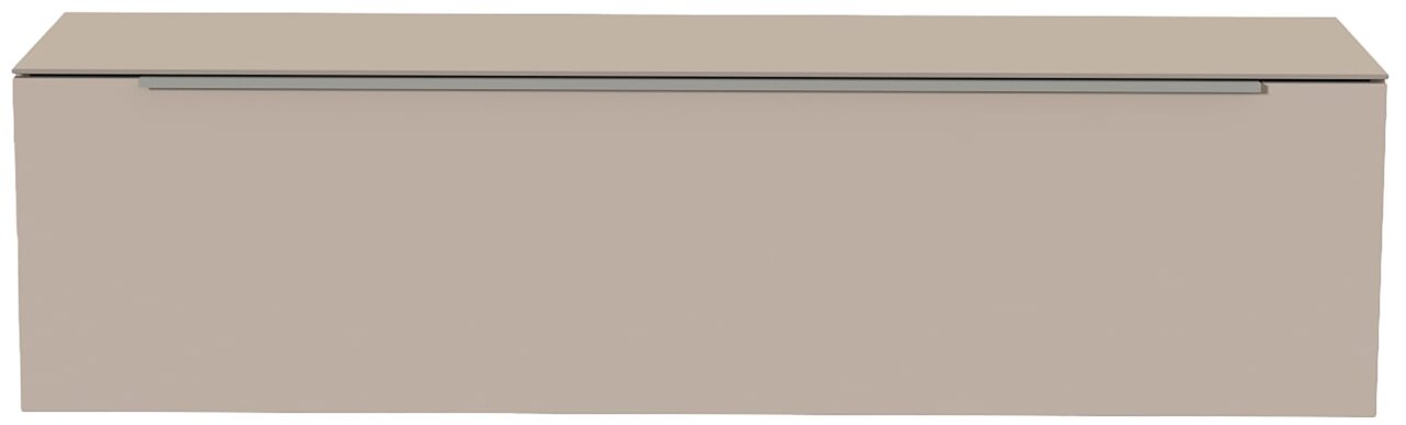 Frontansicht eines modernen, hängenden Lowboards in neutralem Beige mit schlichtem Design.
