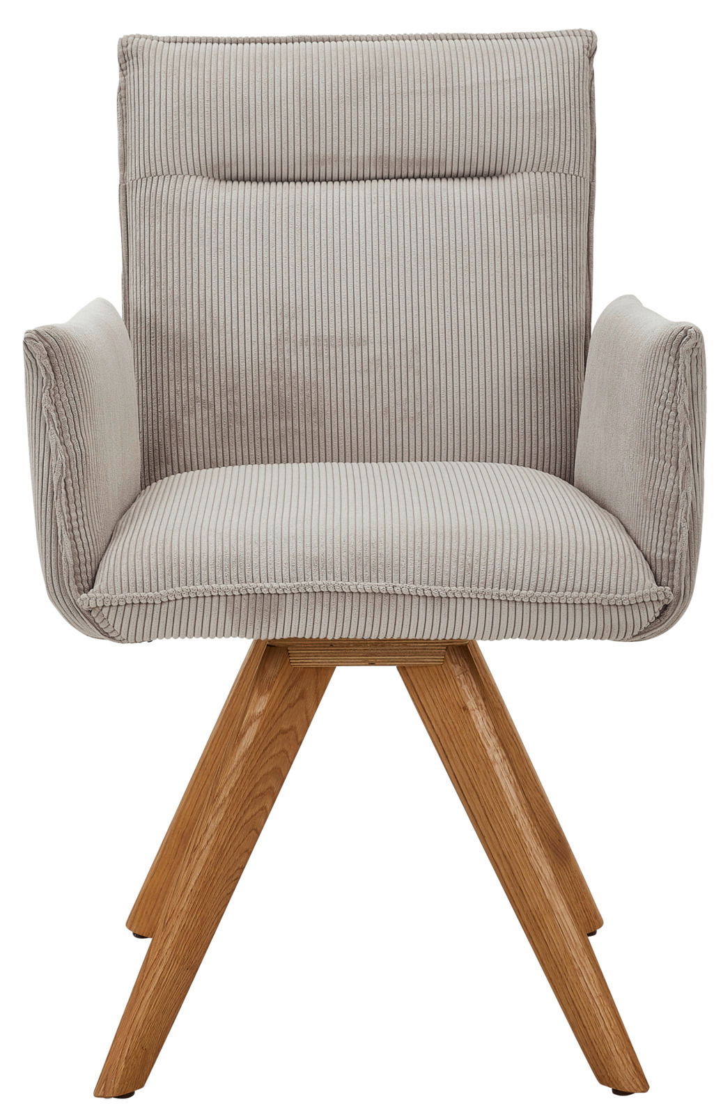 Frontansicht eines modernen Armlehnstuhls mit hellgrauem, geripptem Stoffbezug und Holzbeinen.