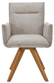 Frontansicht eines modernen Armlehnstuhls mit hellgrauem, geripptem Stoffbezug und Holzbeinen.