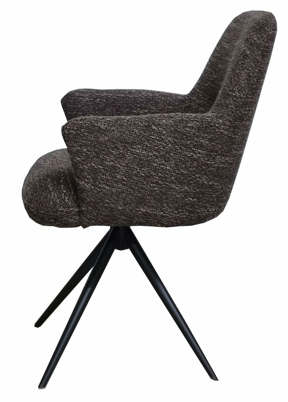 Seitenansicht eines modernen Armlehnstuhls mit schwarzem Metallgestell und gepolstertem, dunkelgrauem Stoffbezug.