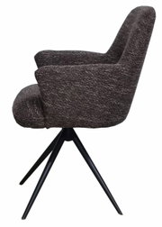Zijaanzicht van een moderne fauteuil met een zwart metalen frame en een gestoffeerde bekleding van donkergrijze stof.